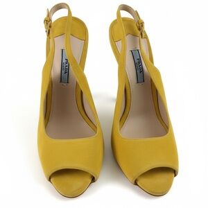 Prada Yellow Suede Slingback Pumps Heels Sz 40 Made in Italy Gold Logo 5.5” Heel